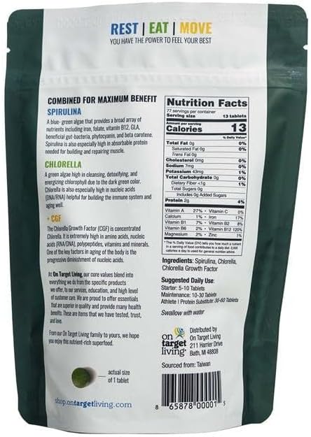 On Target Living Spirulina Chlorella + CGF | 1000 Supergreen Tablets | Vegan | Immune Support | High in Protein | Alkalyzing | Nutrient Dense | Energy | Recovery