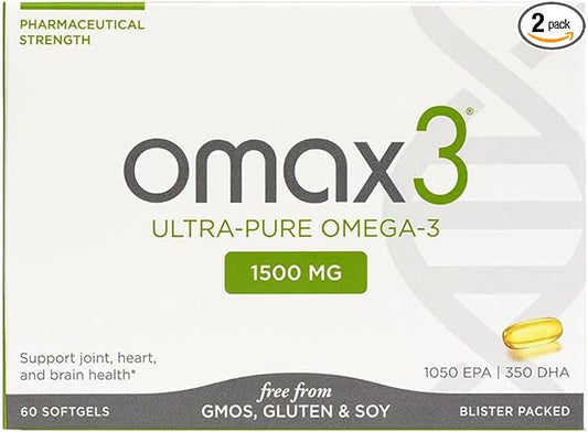 Omax3 Natural Omega 3 Fish Oil Pills 1500 MG EPA DHA - Omega3 Fatty Acid Supplements Muscle & Joint - Gluten Free, Wild Caught, Non GMO, 60-Day Supply Blister Packed (2 Boxes)