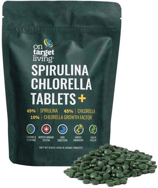 On Target Living Spirulina Chlorella + CGF | 1000 Supergreen Tablets | Vegan | Immune Support | High in Protein | Alkalyzing | Nutrient Dense | Energy | Recovery