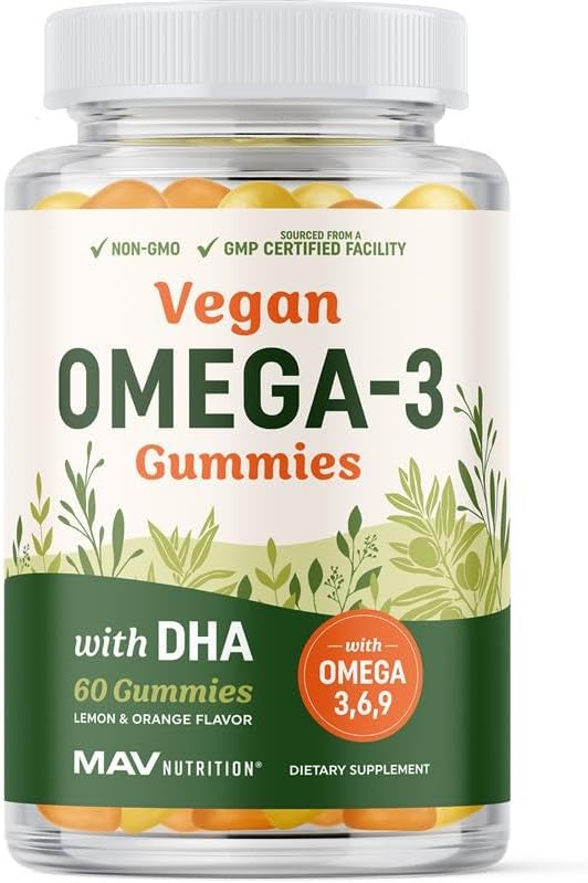 Omega 3 6 9 + DHA Gummies | Plant-Based Triple Omegas from Algae, Flaxseed & Safflower Oil | 50mg of DHA | Vegetarian, Non-GMO, Gluten-Free, Essential Fatty Acid Supplements for Adults | 60 Gummies