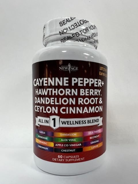 NEW AGE Cayenne Pepper Capsules Supplement with Hawthorn Berry, Dandelion Root, Ceylon Cinnamon, Garlic, Ginger, ACV, Milk Thistle, Beet Root, Aloe Vera - 180 Count