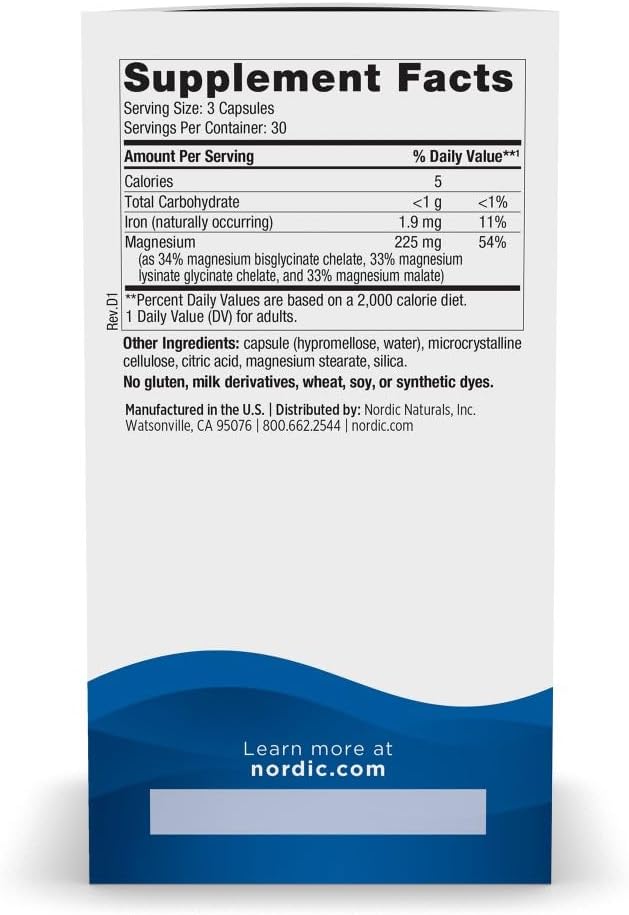 Nordic Naturals Magnesium Complex - 90 Capsules - 225 mg Magnesium, 1.9 mg Iron - Brain & Heart Health, Mood, Energy, & Muscle Relaxation - Non-GMO, Vegan - 30 Servings