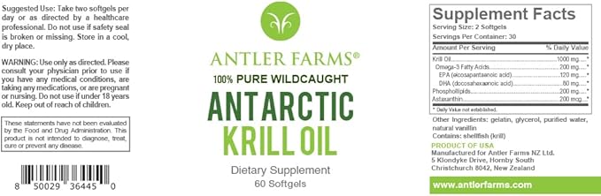 Antler Farms - 100% Pure Wild Caught Antarctic Krill Oil from Cold, Pristine Waters, 60 Softgels – Clean, Omega-3 EPA + DHA Supplement w/Astaxanthin, Rapid Absorption