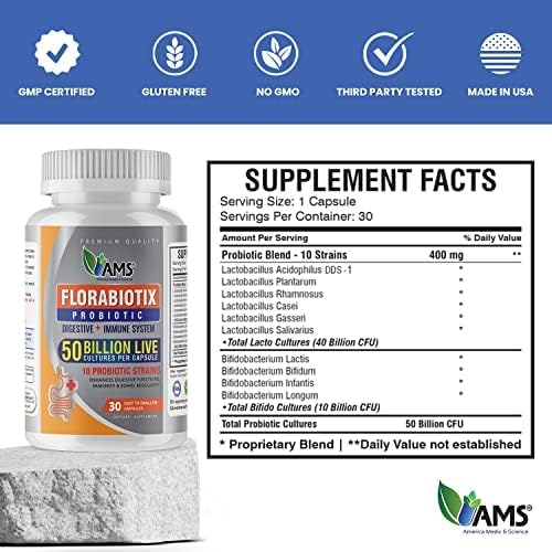 America Medic & Science Florabiotix Probiotic (60 Capsules) | Dietary Supplement for Men and Women| 50 Billion Live Cultures | 10 Probiotic Strains | Supports Digestive and Immune Health (Pack of 2)