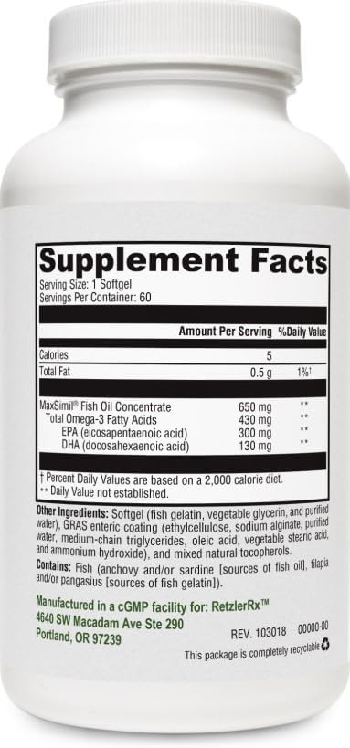 HormoneSynergy® Omega 650 EC Fish Oil - 60 Enteric Coated Softgels - 3X's Greater Absorption* - MaxSimil® monoglyceride Fish Oil