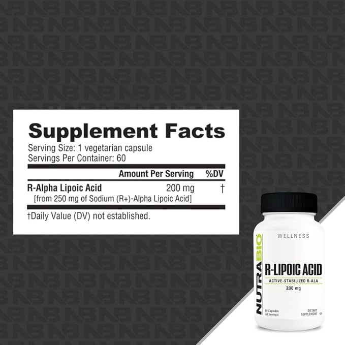 NutraBio R-Lipoic Acid Supplement, 200mg –Active Stabilized R-ALA Supplement- Optimized Alpha Lipoic Acid Formula for Better Absorption to Support Health and Wellness- 60 Capsules