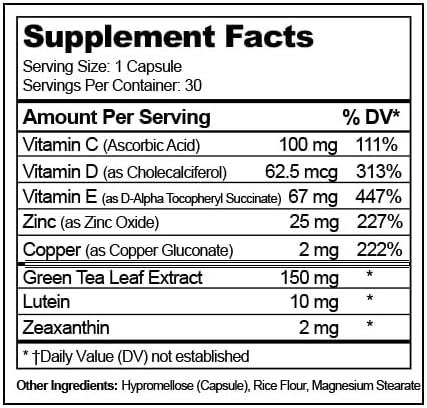 Glucose II Eye Supplement - 1 Month Supply - AREDS 2 Formula with Vitamin D, C, E - Lutein & Zeaxanthin - Antioxidant Blend for Adults 50+