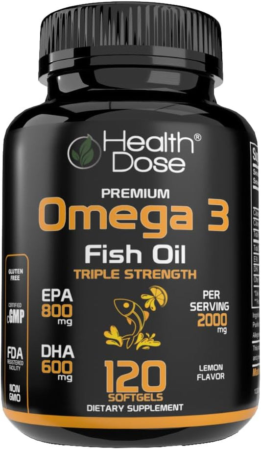 Omega 3 Fish Oil 2000mg – Lemon-Flavored Softgels with EPA 800mg & DHA 600mg for Brain, Heart, and Wellness Support – Easy-to-Digest, No Fish Burps – 120 Softgels, 2-Month Supply