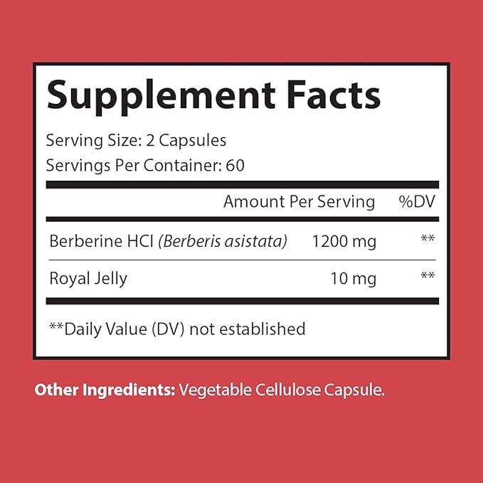Berberine Plus 1200mg with Royal Jelly – Supports Weight Management, Heart Health & Glucose Metabolism – 120 Vegan Capsules – Non-GMO, Made in USA