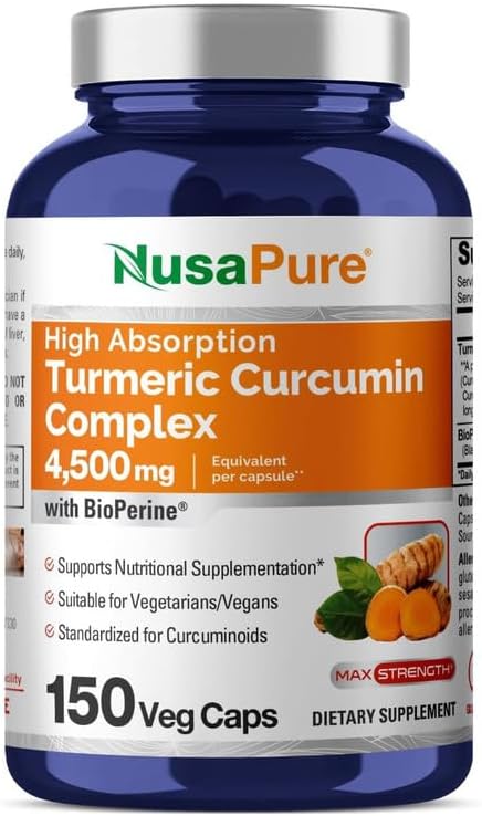 NusaPure Turmeric Curcumin Complex 4,500mg per caps, 150 caps, Non-GMO, Gluten-Free, Vegan, Bioperine