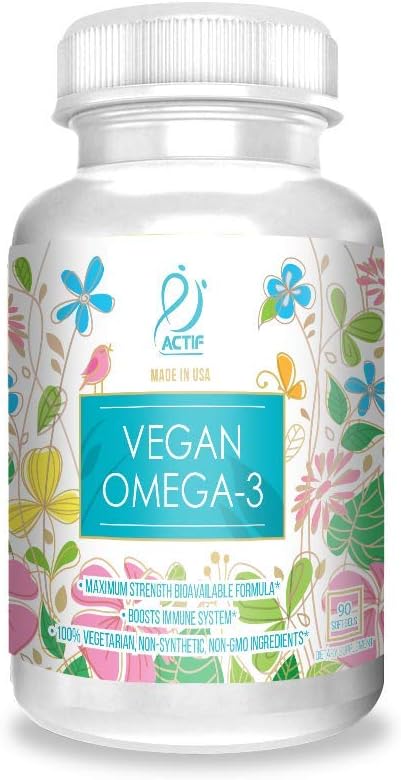 Actif Vegan Omega-3, High Strength Algae Oil Formula, 100% Natural, Organic DHA, EPA, Omega-3 - Non-GMO, 90 count