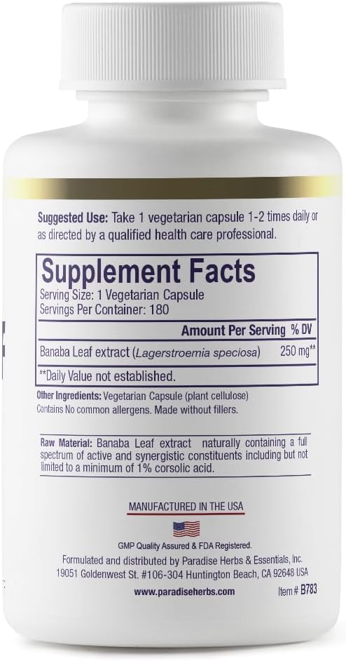 Paradise Herbs, Banaba Leaf, 12:1 Concentrated Extract, 250 mg, Vegan, Gluten-Free, Non-GMO, 180 Capsules