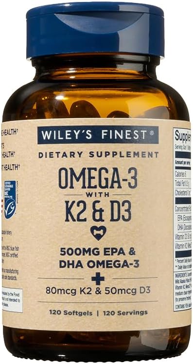 Wiley's Finest Wild Alaskan Fish Oil Vitamin K2 & D3 Softgels - 500mg of EPA and DHA Omega-3s for Bone and Heart Health Support - 120 Softgels (120 Servings)