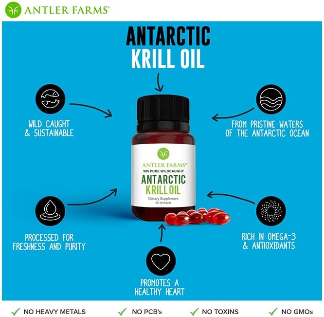 Antler Farms - 100% Pure Wild Caught Antarctic Krill Oil from Cold, Pristine Waters, 60 Softgels – Clean, Omega-3 EPA + DHA Supplement w/Astaxanthin, Rapid Absorption