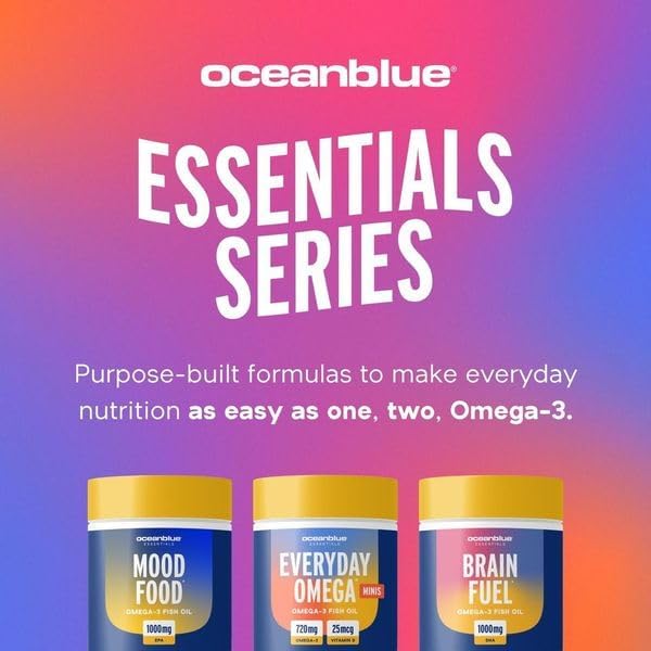 Oceanblue Essentials Everyday Omega Minis | Burpless Fish Oil with Vitamin D3 | Heart and Immune Support | Easy to Swallow Mini Softgels | Orange Flavor | 3 Month Supply (180 Count Minicap)
