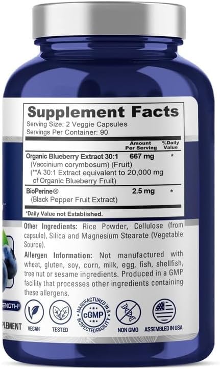 NusaPure Blueberry Concentrate 20,000mg - 180 Veggie Powder caps (Extract 30:1, 100% Vegetarian, Non-GMO)