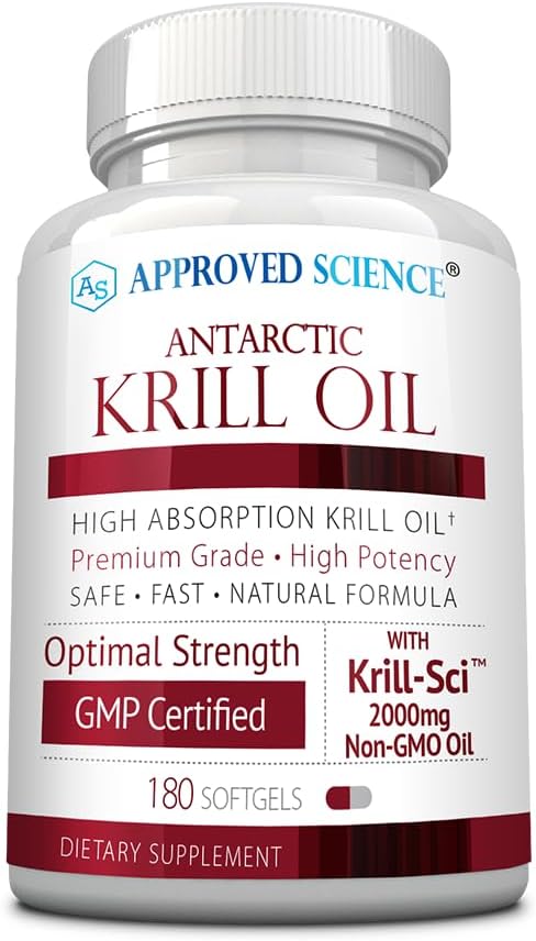 Approved Science Krill Oil - 2000mg Antarctic Krill Oil, 650mcg Astaxanthin - 260mg EPA, 160mg DHA - 180 Softgels
