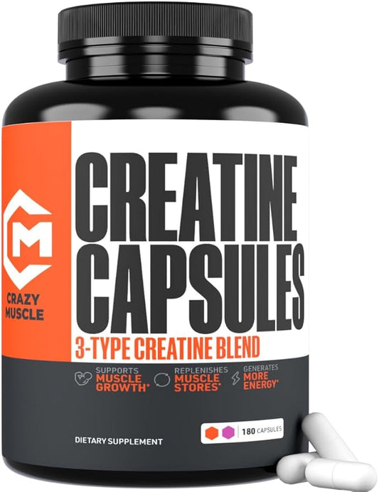 Creatine Capsules, 5g Premium 3X ThreeAtine Pre Workout Bulk Muscle Mass Gainer, High Absorption Easy to Take Creatine Monohydrate Pills Alternative Optimum Performance for Men Women, 180 Capsules