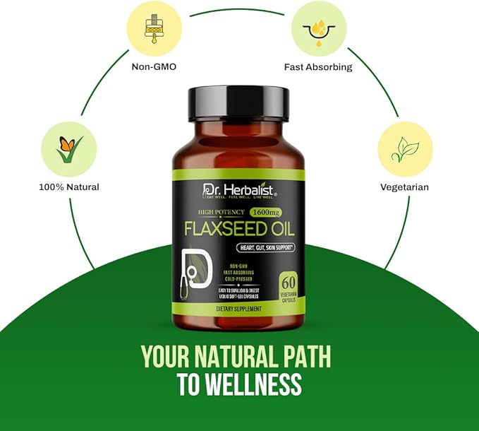 Dr. HERBALIST Flaxseed Oil 1600mg - 60 Capsules - Vegan, Gluten-Free, Source of Omega-3, 6 & 9 for Daily Nutrition