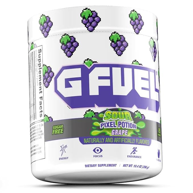 G Fuel Sour Pixel Potion Energy Drink Powder, Sugar-Free Focus + Energy Supplement with Antioxidants & Vitamins for Gaming & Workout, Sour Grape Flavor, 40 Servings