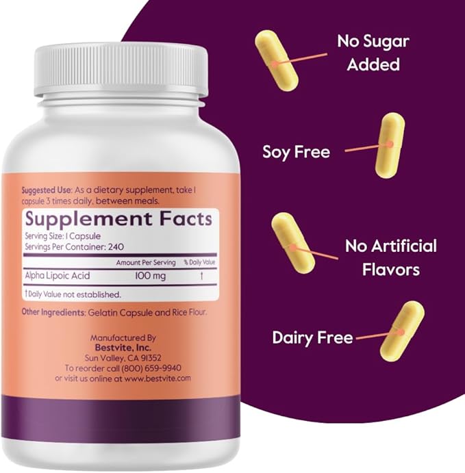 BESTVITE Alpha Lipoic Acid 100mg (240 Capsules) - No Stearates - No Flow Agents - Non GMO - Gluten Free