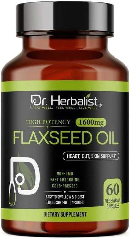 Dr. HERBALIST Flaxseed Oil 1600mg - 60 Capsules - Vegan, Gluten-Free, Source of Omega-3, 6 & 9 for Daily Nutrition