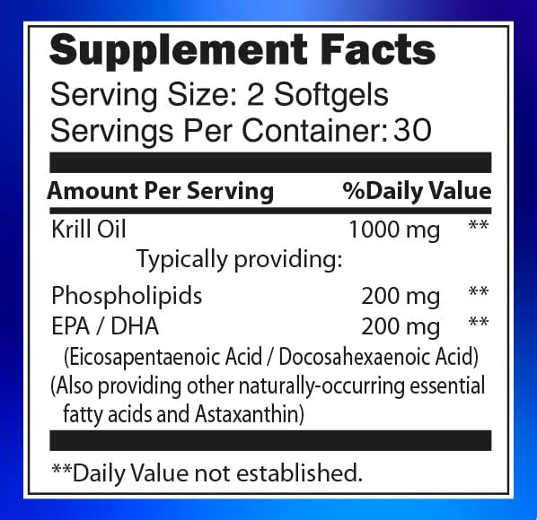 Antarctic Krill Oil 1000mg Softgels with Astaxanthin – Omega-3 EPA & DHA Supplement for Heart, Brain, and Joint Health in Form of Phospholipids– 60 Vanilla-Flavored Softgels
