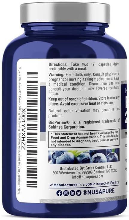 NusaPure Blueberry Concentrate 20,000mg - 180 Veggie Powder caps (Extract 30:1, 100% Vegetarian, Non-GMO)