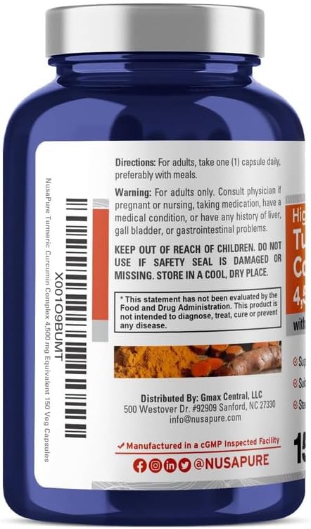 NusaPure Turmeric Curcumin Complex 4,500mg per caps, 150 caps, Non-GMO, Gluten-Free, Vegan, Bioperine