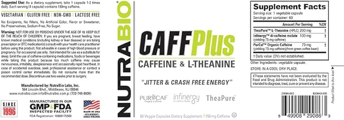 NutraBio CaffPlus, Dual Source Caffeine with Theanine for Healthy Energy Boost - 60 Vegetable Capsules