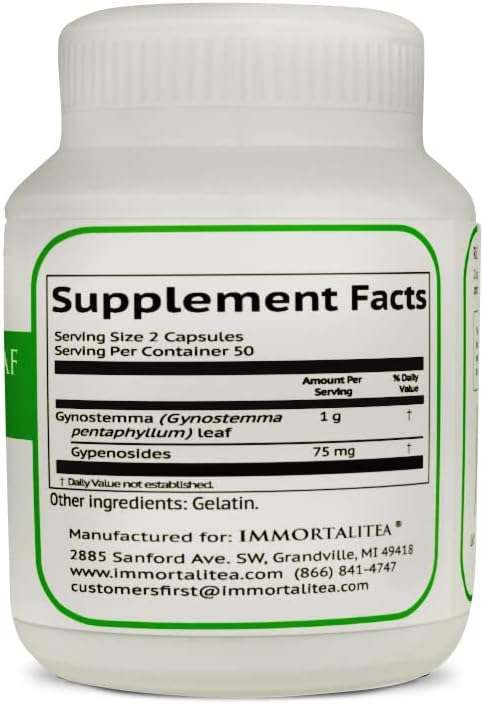 Immortalitea Gynostemma Capsules (Jiaogulan) - Whole Leaf Full Spectrum - Natural Adaptogen & AMPK Activator Supplement - Veggie Capsules - 100 Count, 500mg