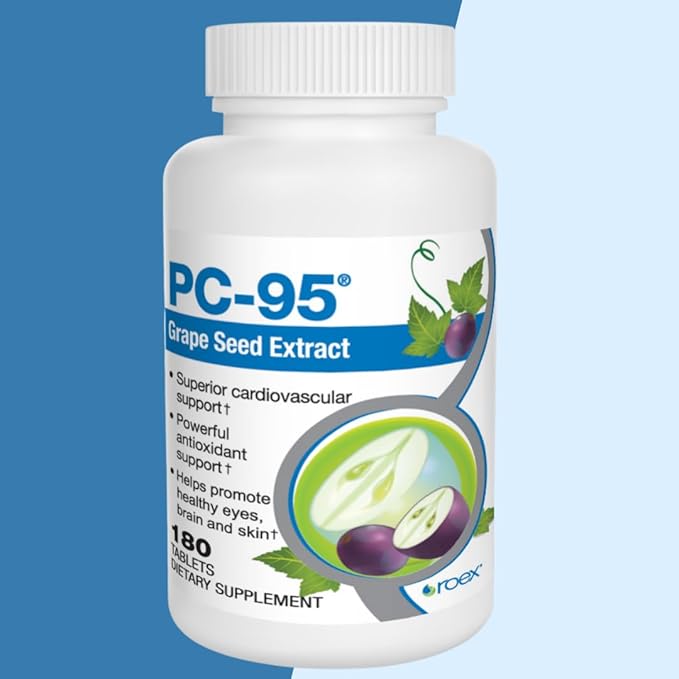 Roex Vitamins | PC-95 Grape Seed Extract | Dietary Supplements | Stress Relief | Healthy Eyes | Healthy Brain | Healthy Skin | Cardiovascular Support | 180 Count