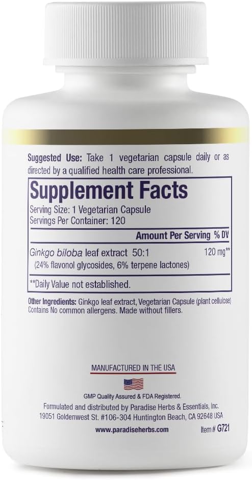 Paradise Herbs Ginkgo Biloba Extract, Super Potent, Ultra Pure, Vegan, Non GMO, Gluten Free, 120 Vegetarian Capsules