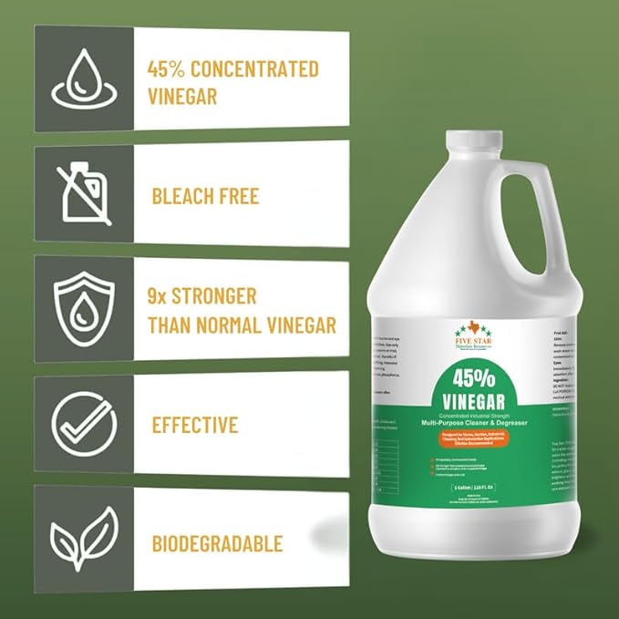 45% Vinegar Concentrated | White Vinegar for Cleaning and Garden | Home, and Outdoor Pure | Max Performance 9X Power | with Instructions (4 Gallon (512 fl oz))