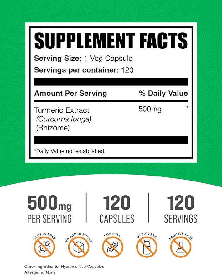 BulkSupplements.com Turmeric 500mg Extract Capsules - Curcumin Supplements, Turmeric Curcumin - Gluten Free,120 Veg Capsules (Pack of 1)
