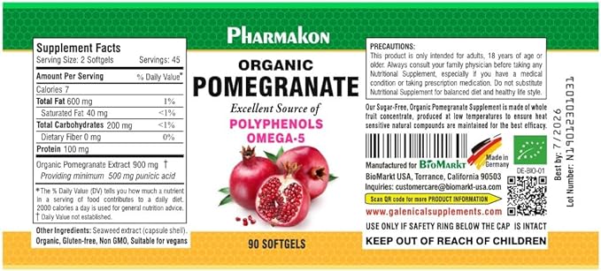PHARMAKON Organic Pomegranate Extract, Highly Bioavailable Softgels, Full Spectrum Contains Polyphenols + Omega 5