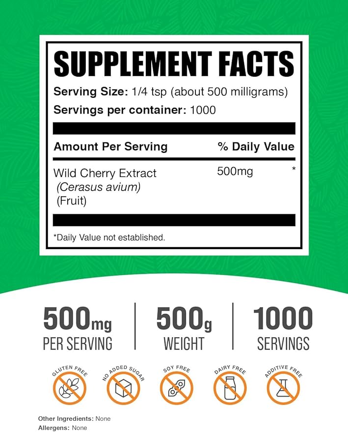 BulkSupplements.com Wild Cherry Extract Powder - Cherry Supplement, Herbal Supplement - Gluten Free, 500mg per Serving, 500g (1.1 lbs) (Pack of 1)