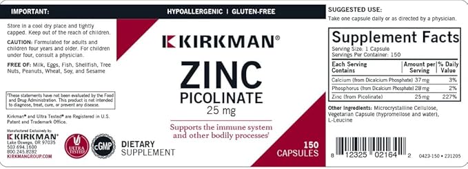 Kirkman – Zinc Picolinate 25 mg - Hypoallergenic – 150 Vegetarian Capsules – Gluten Free – Casein Free – Minerals