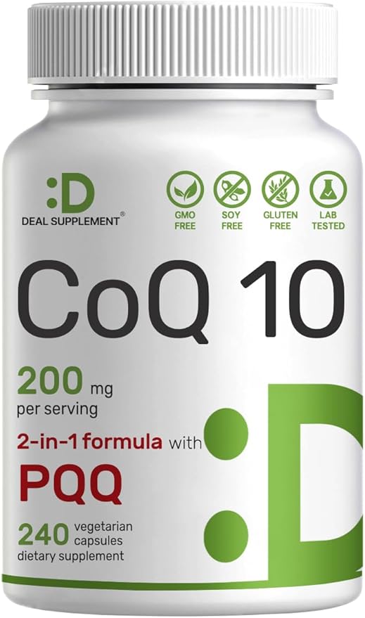 DEAL SUPPLEMENT CoQ10 200mg with PQQ 200mcg, 240 Veggie Capsules | Bioavailable Coenzyme Q10 Complex | Supports Heart, Energy & Brain Health | Antioxidant Support | Non-GMO