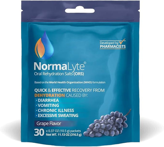 NormaLyte Oral Rehydration Salts Helps dietary management of POTS Syndrome symptoms- 1 Pouches -30 Sticks (Yields 500mL per Pack)-Grapes| Energy Supplements, Potassium Supplement, Dehydration Recovery