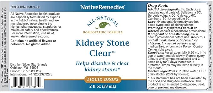Native Remedies Kidney Stone Clear - Natural Homeopathic Formula Temporarily Helps Dissolve and Clear Kidney Stones - Relieves Pain, Nausea and Vomiting - 59 mL