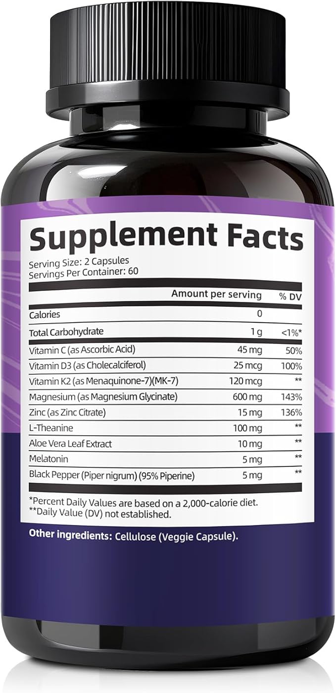 Magnesium Glycinate 600mg Vitamin D3 K2 Supplement with Zinc, L-Theanine & Melatonin - Bone Support, Energy & Mood Manage, Sleep Health for Men & Women, Non-GMO, Vegan, 120 Capsules
