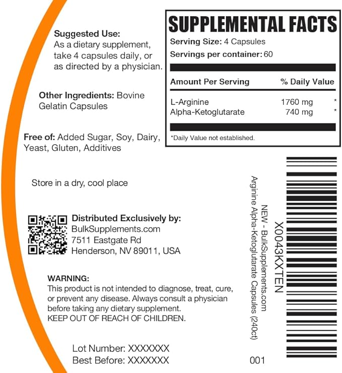 BulkSupplements.com AAKG Capsules - Arginine AKG Supplement, Nitric Oxide Supplement - Gluten Free, 4 Capsules per Serving (2500mg), 240 Count (Pack of 1)
