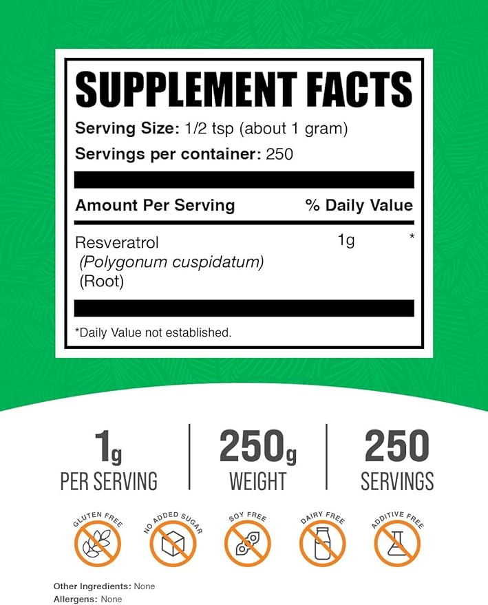 BulkSupplements.com Resveratrol Powder - Resveratrol Supplement, from Polygonum Cuspidatum - Antioxidant, Gluten Free, 1g per Serving, 250g (8.8 oz) (Pack of 1)