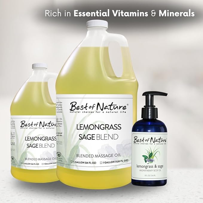 Best of Nature Lemongrass and Sage Massage Oil Blend - Non-Greasy Aromatherapy Massage Oil for Body, Skin & Face, Crafted with Pure Essential Oils, Half Gallon (64 fl oz)
