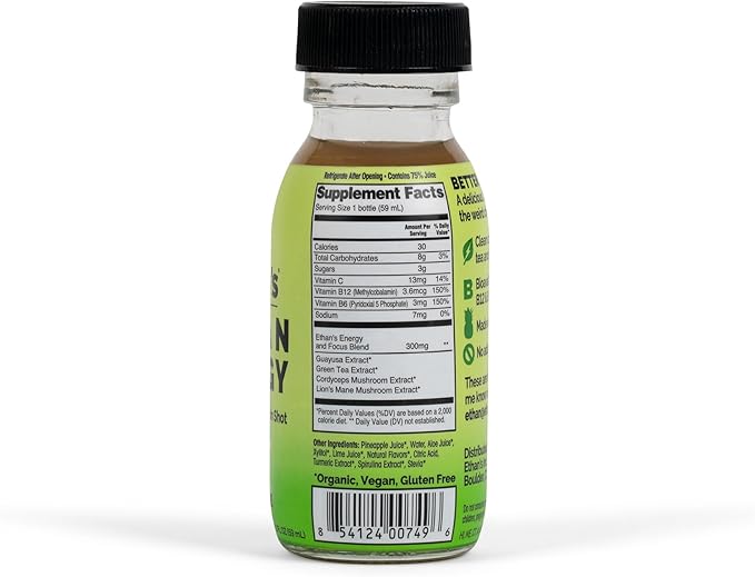 Ethan's Organic Clean Energy Shots 3 Flavors (Orange Mango, Pineapple & Pomegranite Blueberry), Sugar Free Natural Pre-Workout Focus Boost, Gluten Free, Vegan, B6 & B12 Vitamin C with Green Tea Extract and Guayusa (12 Pack of 2oz Shots)