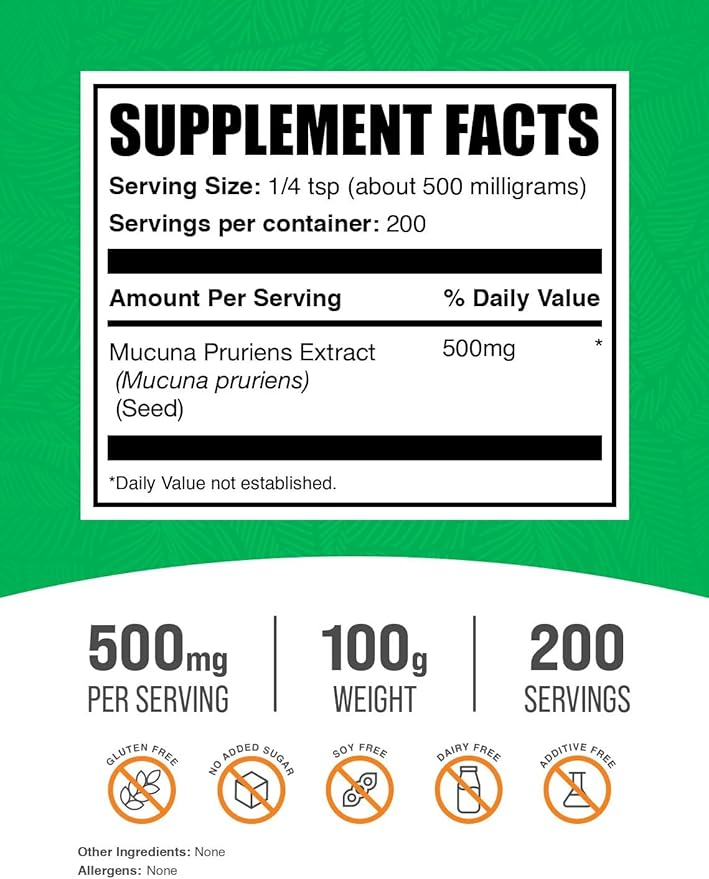 BulkSupplements.com Mucuna Pruriens Extract Powder - Mucuna Pruriens Supplements, Herbal Supplement - Vegan & Gluten Free, 500mg per Serving, 100g (3.5 oz) (Pack of 1)