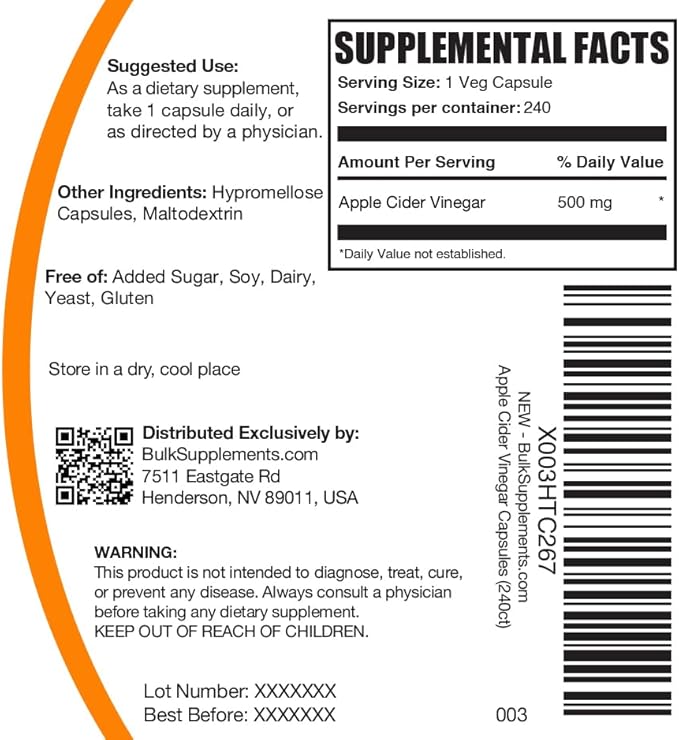 BulkSupplements.com Apple Cider Vinegar Capsules - ACV Capsules, Apple Cider Vinegar Supplements, Apple Cider Vinegar 500mg - Gluten Free, Capsule per Serving, 240 Capsules (Pack of 1)