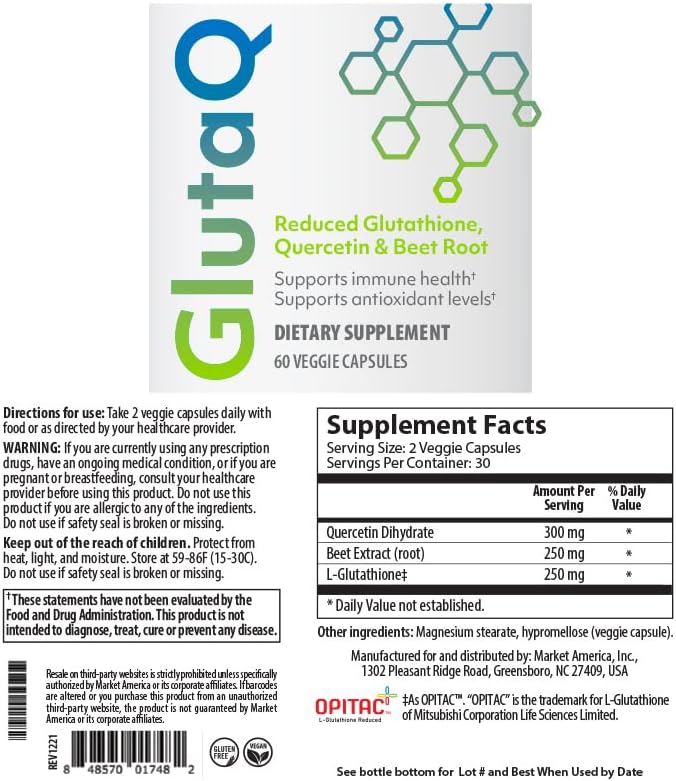GlutaQ Market America Antioxidant Supplement – Healthy Aging & Energy Support with Reduced Glutathione, Quercetin & Beetroot – Vegan, Gluten-Free, Non-GMO Formula