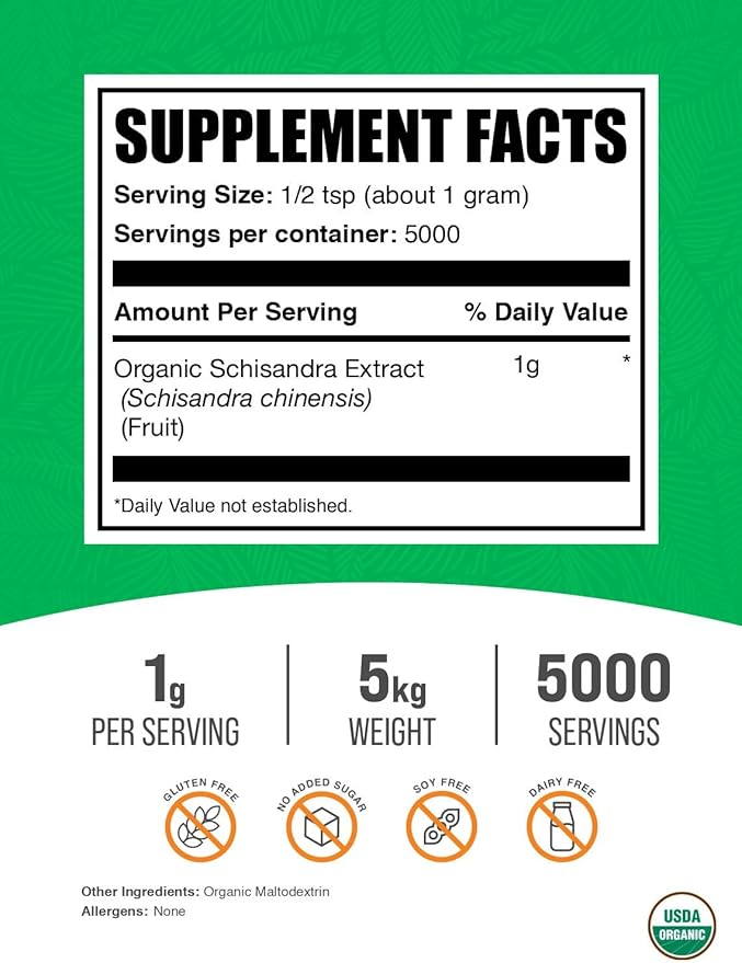 BulkSupplements.com Organic Schisandra Extract Powder - Schisandra Supplement, from Schisandra Berries - Herbal Supplement, Gluten Free - 1000mg per Serving, 5kg (11 lbs) (Pack of 5)